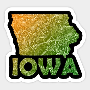 Colorful mandala art map of Iowa with text in green and orange Sticker